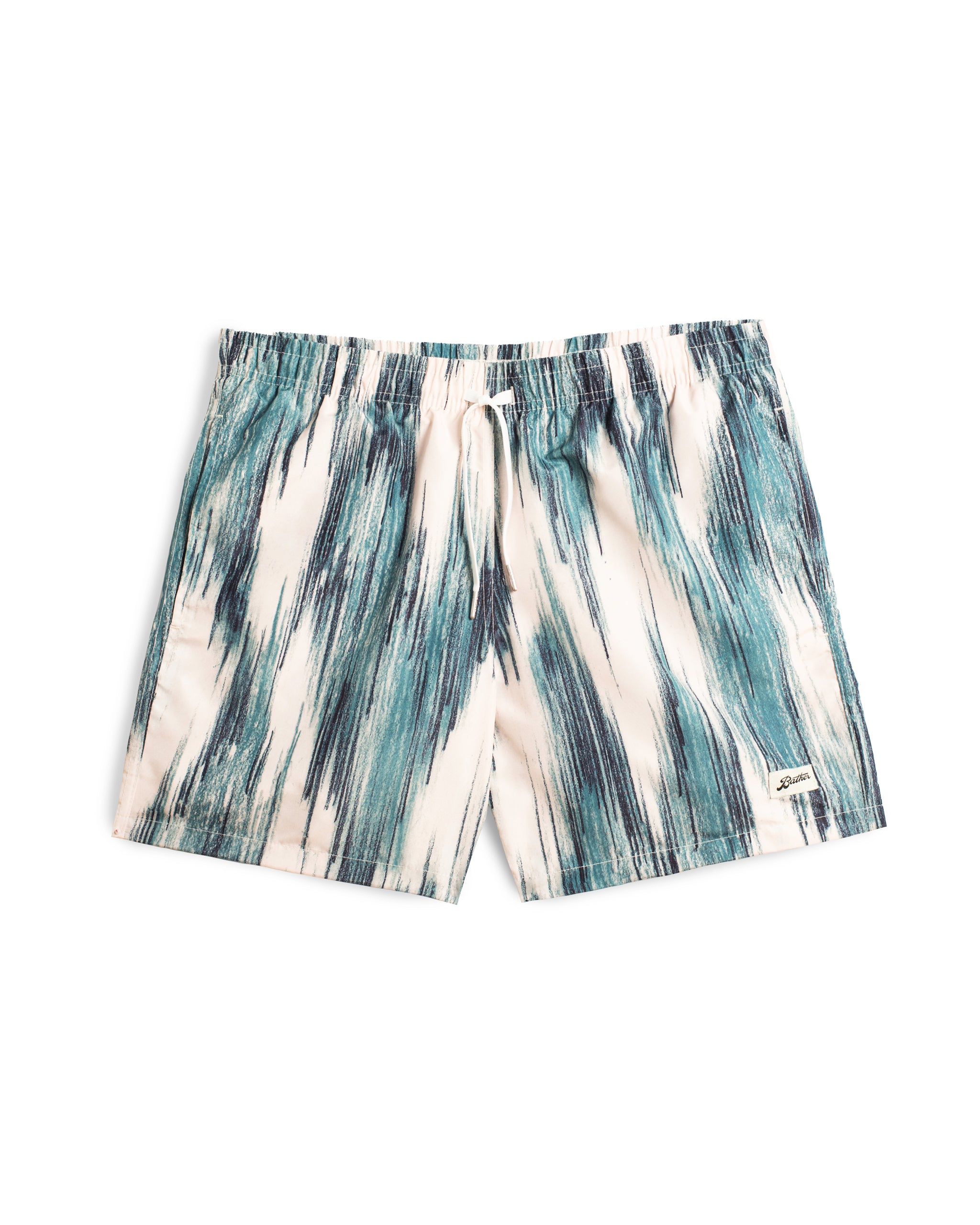 teal and cream Bather swim trunk with color contrasting pattern