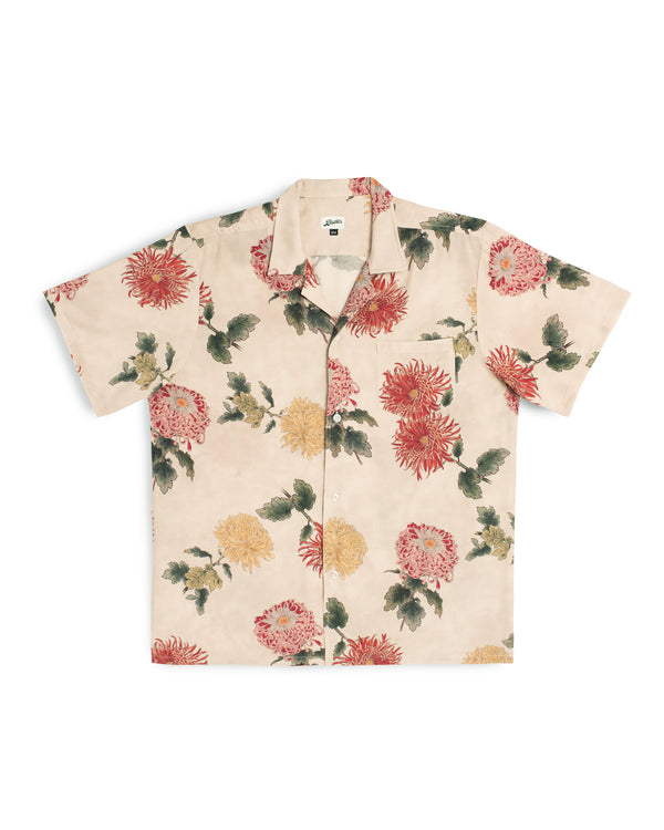 cream Bather camp shirt with red and yellow chrysanthemum motif