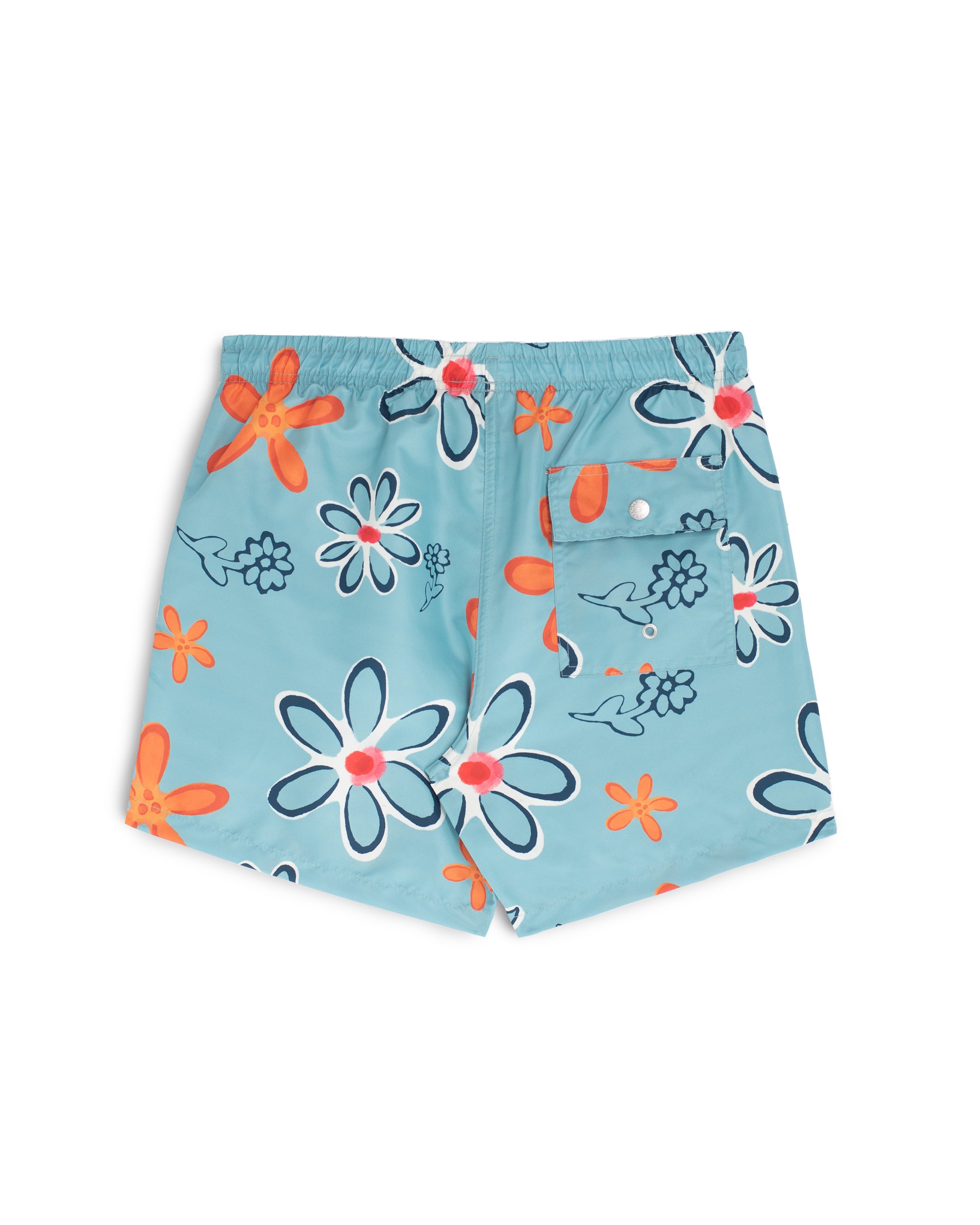 Back view of Blue Bather swim trunk with floral pattern and orange flowers