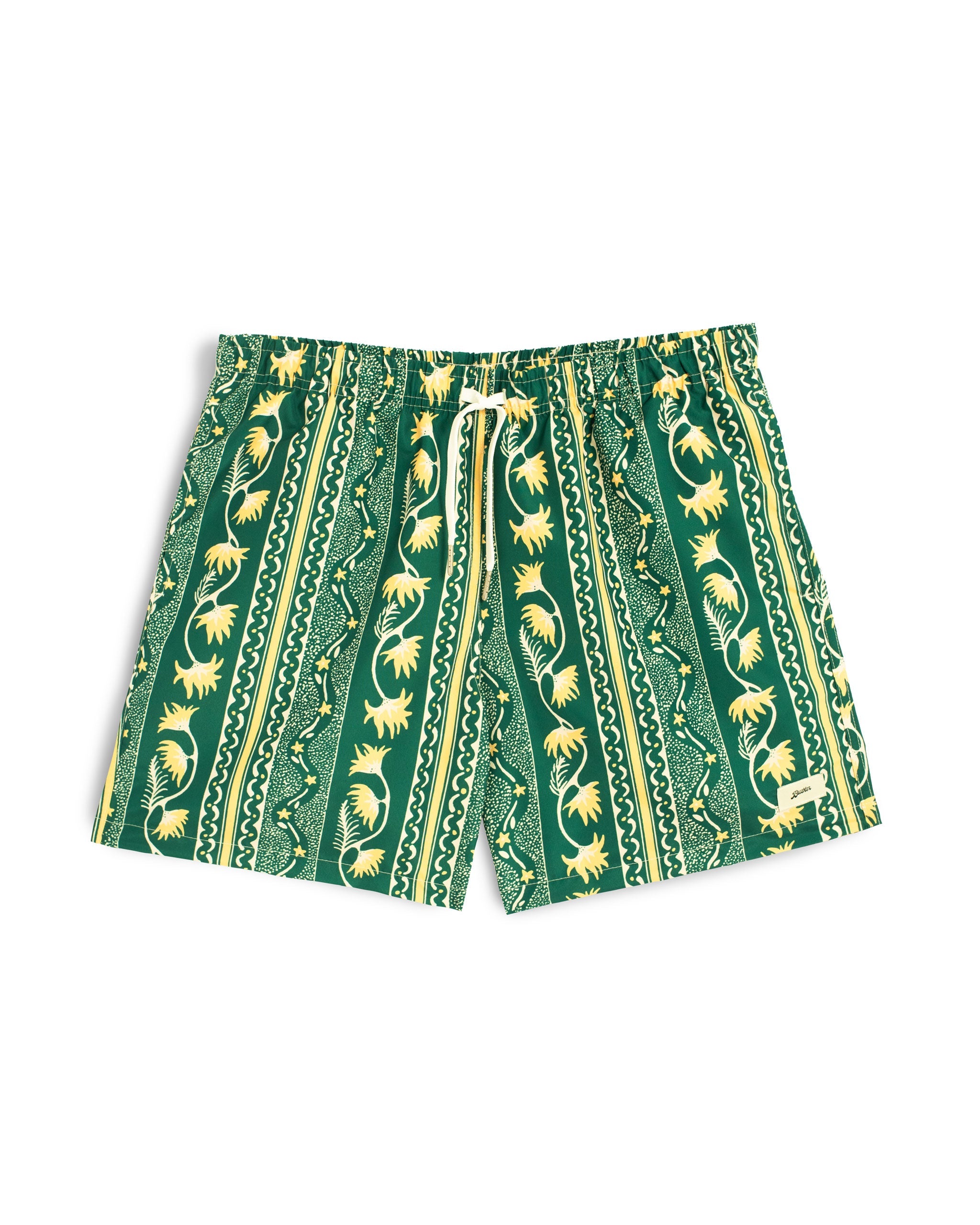 Green swim trunk with yellow and white classic stripe features intricate mosaics of flowers, sand, and starfish