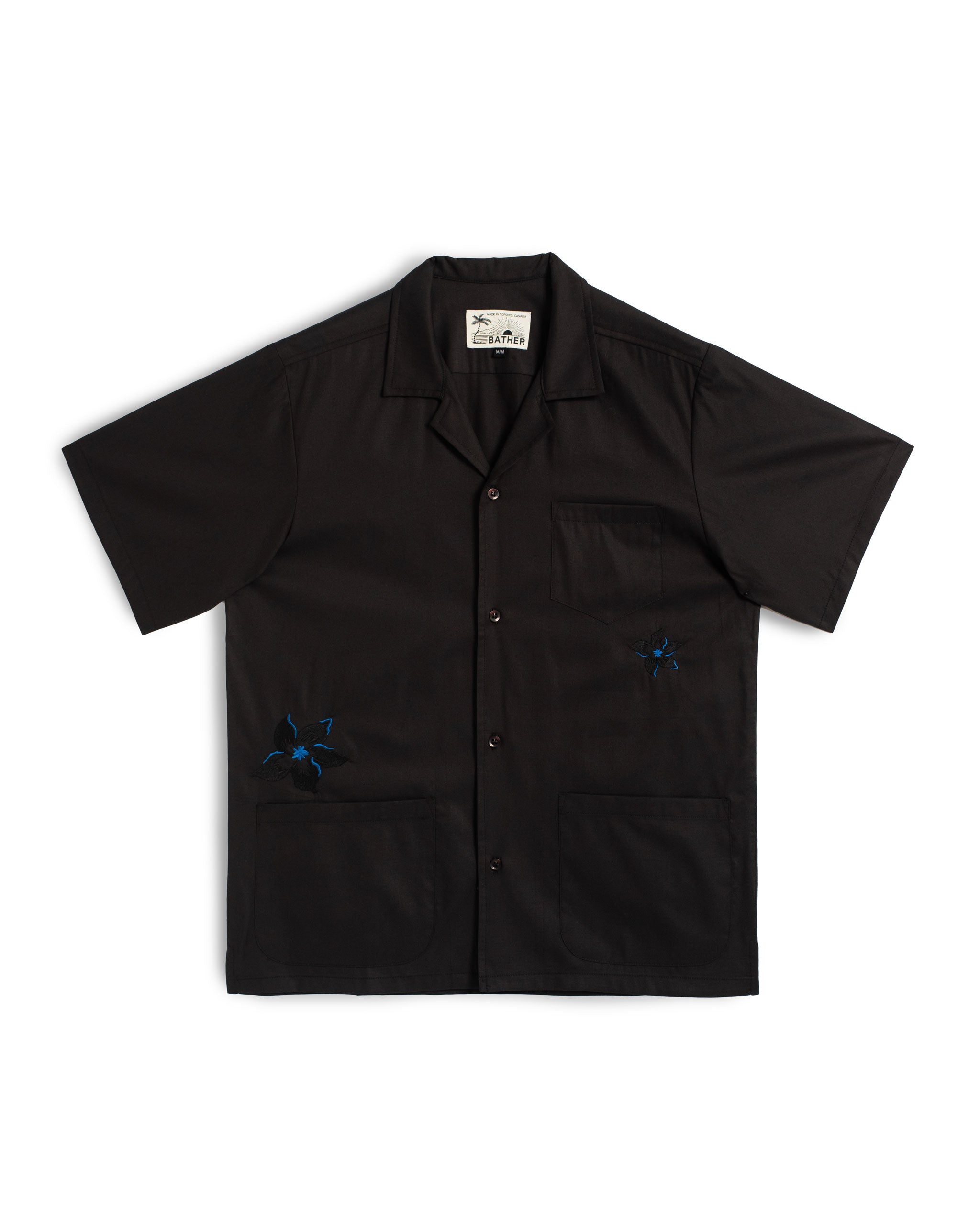 Black Embroidered Lily Camp Shirt