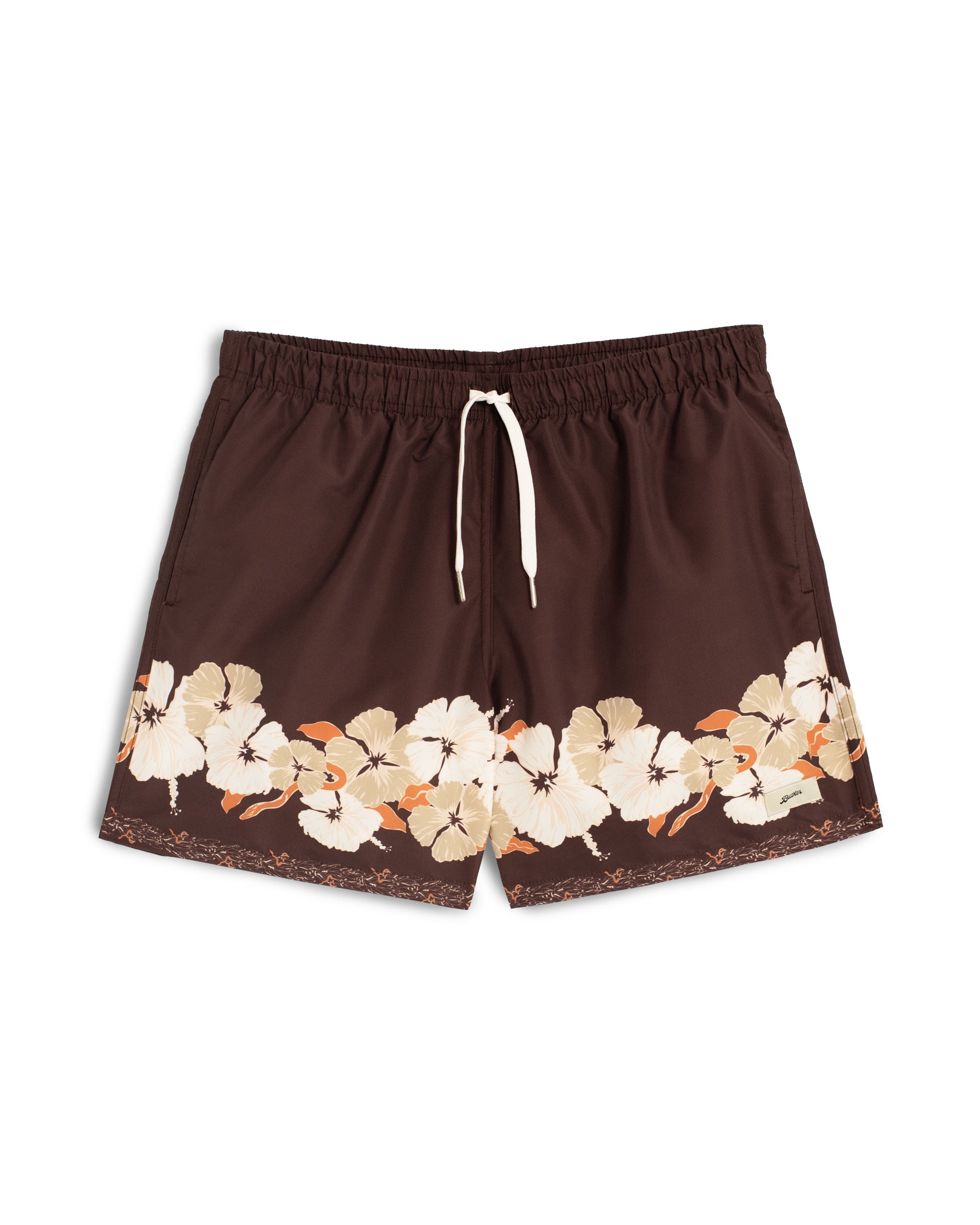 Brown swim trunk with floral print on the bottom of the leg