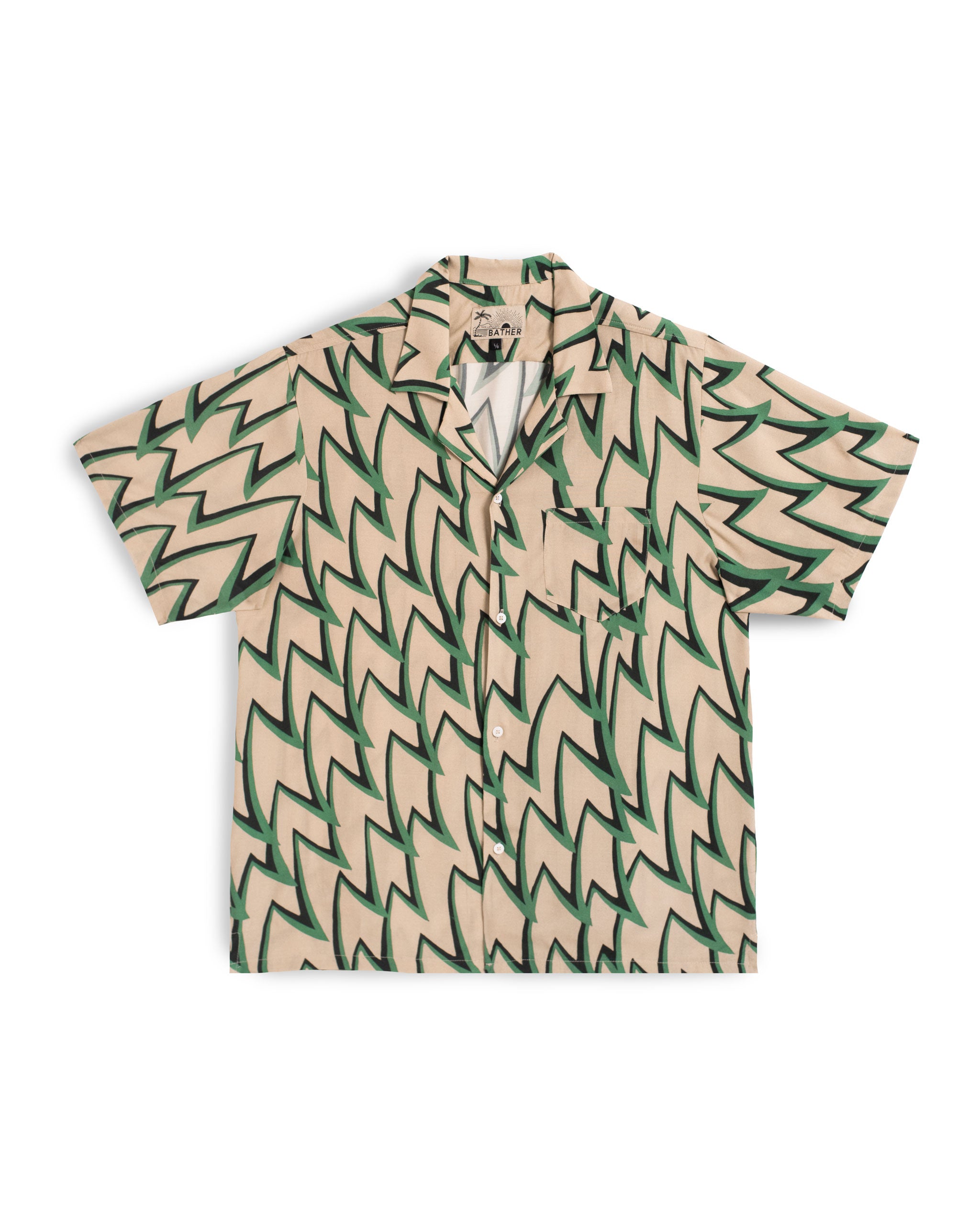 Light brown, green, and black Jagged Frenzy Rayon Camp Shirt