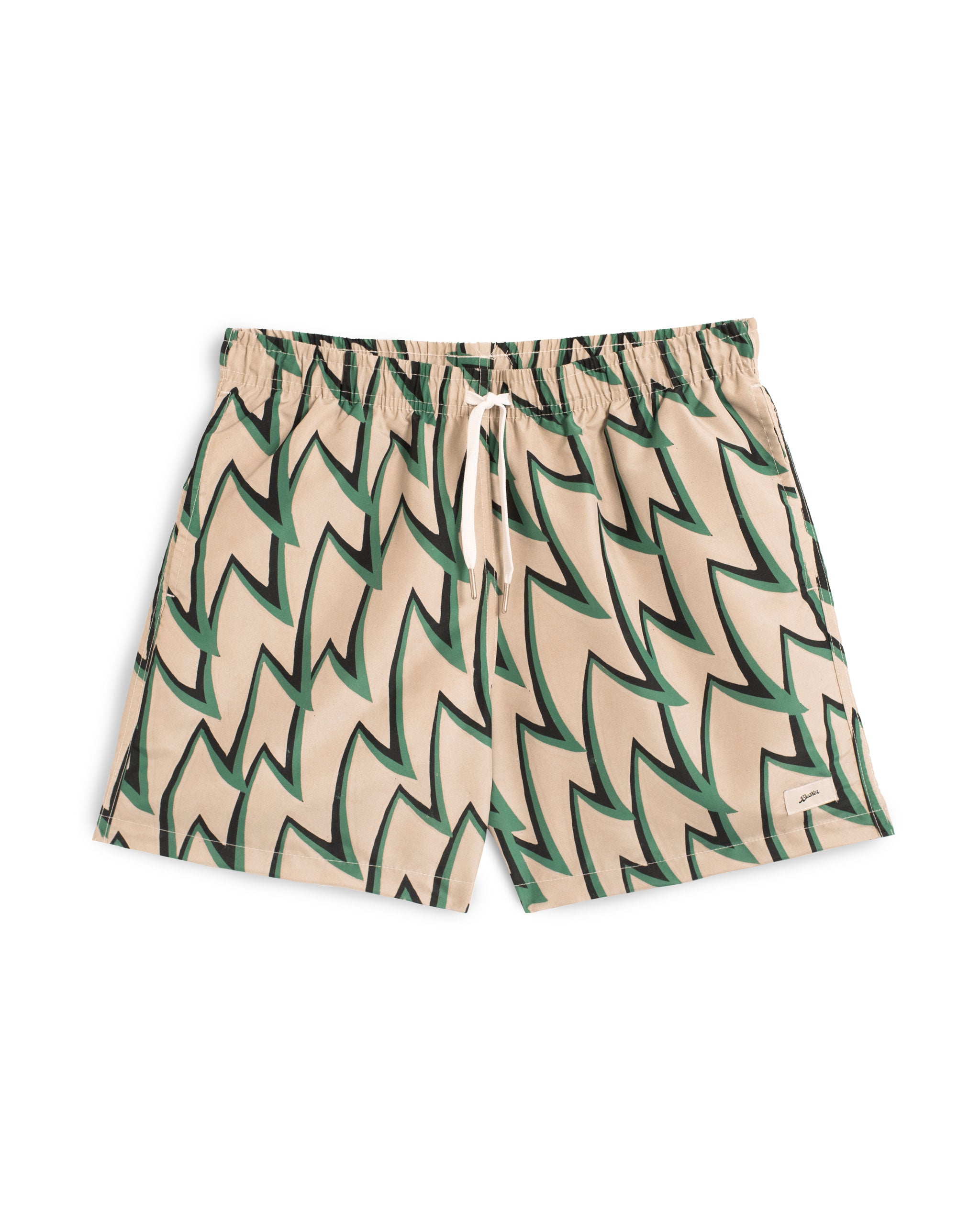 Light brown, green, and black Jagged Frenzy Swim Trunks