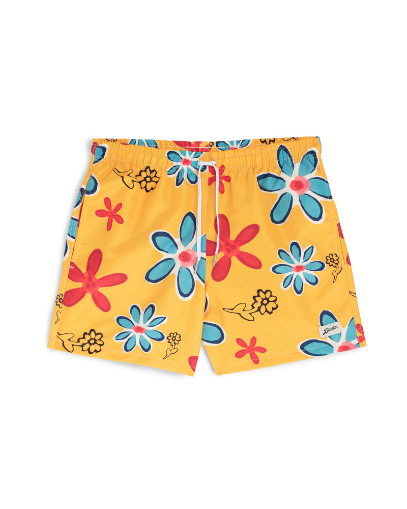 yellow Bather swim trunk with blue and red floral pattern