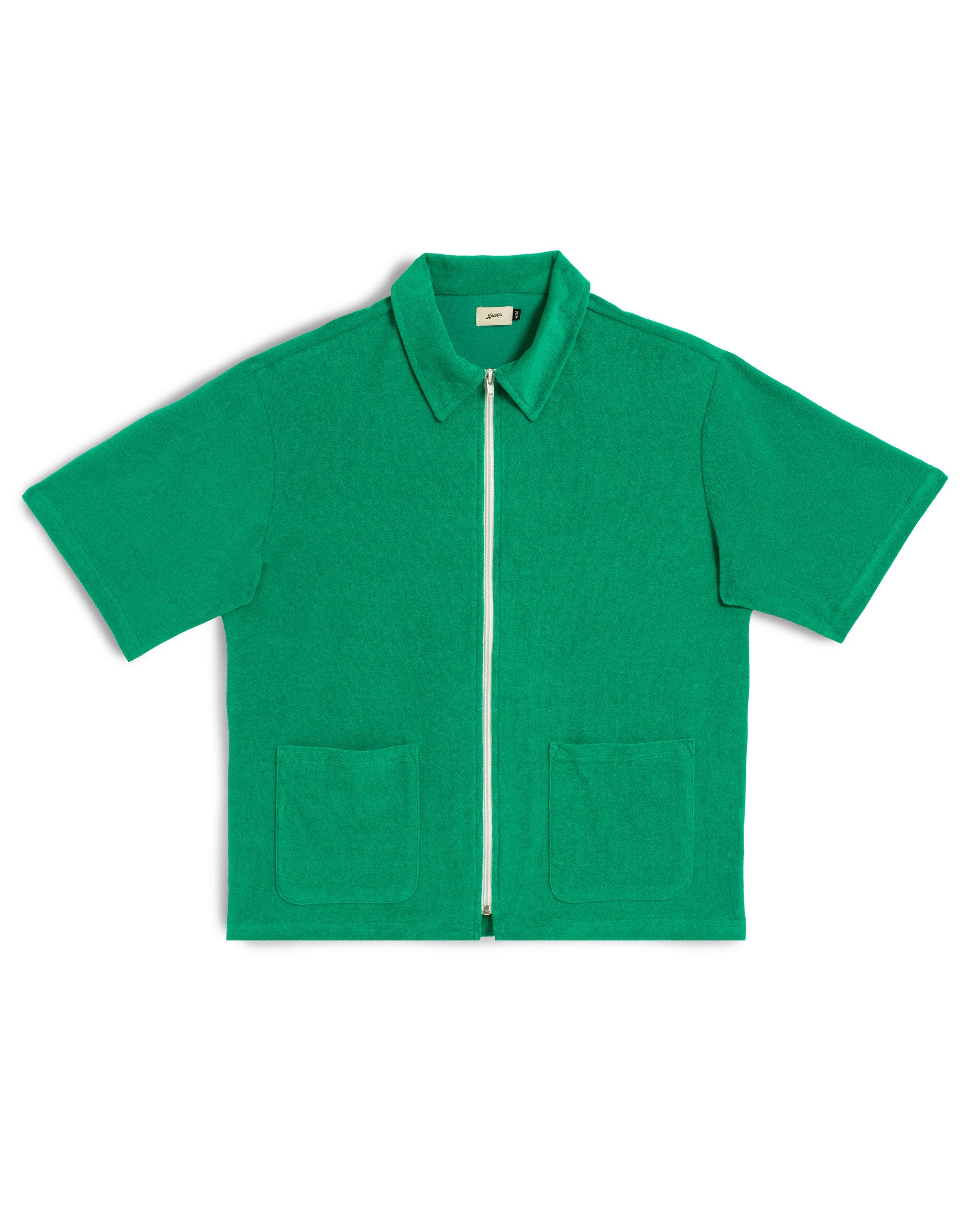 Solid Green Towel Terry Cotton Full Zip Polo Shirt