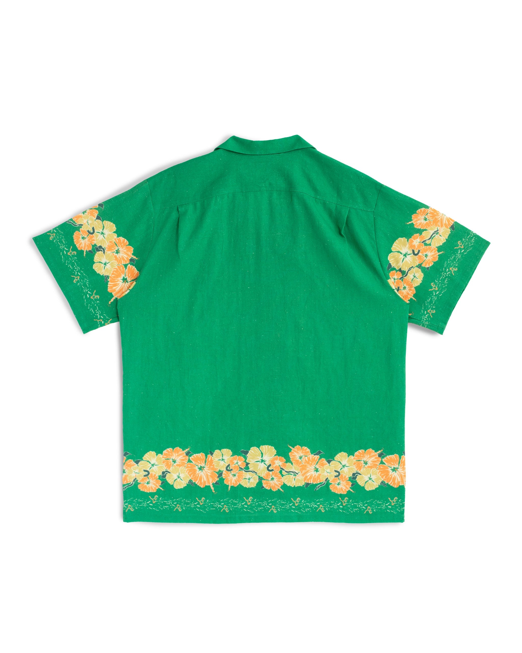 back shot of Green camp shirt with floral motif pattern on the sleeves and bottom hem
