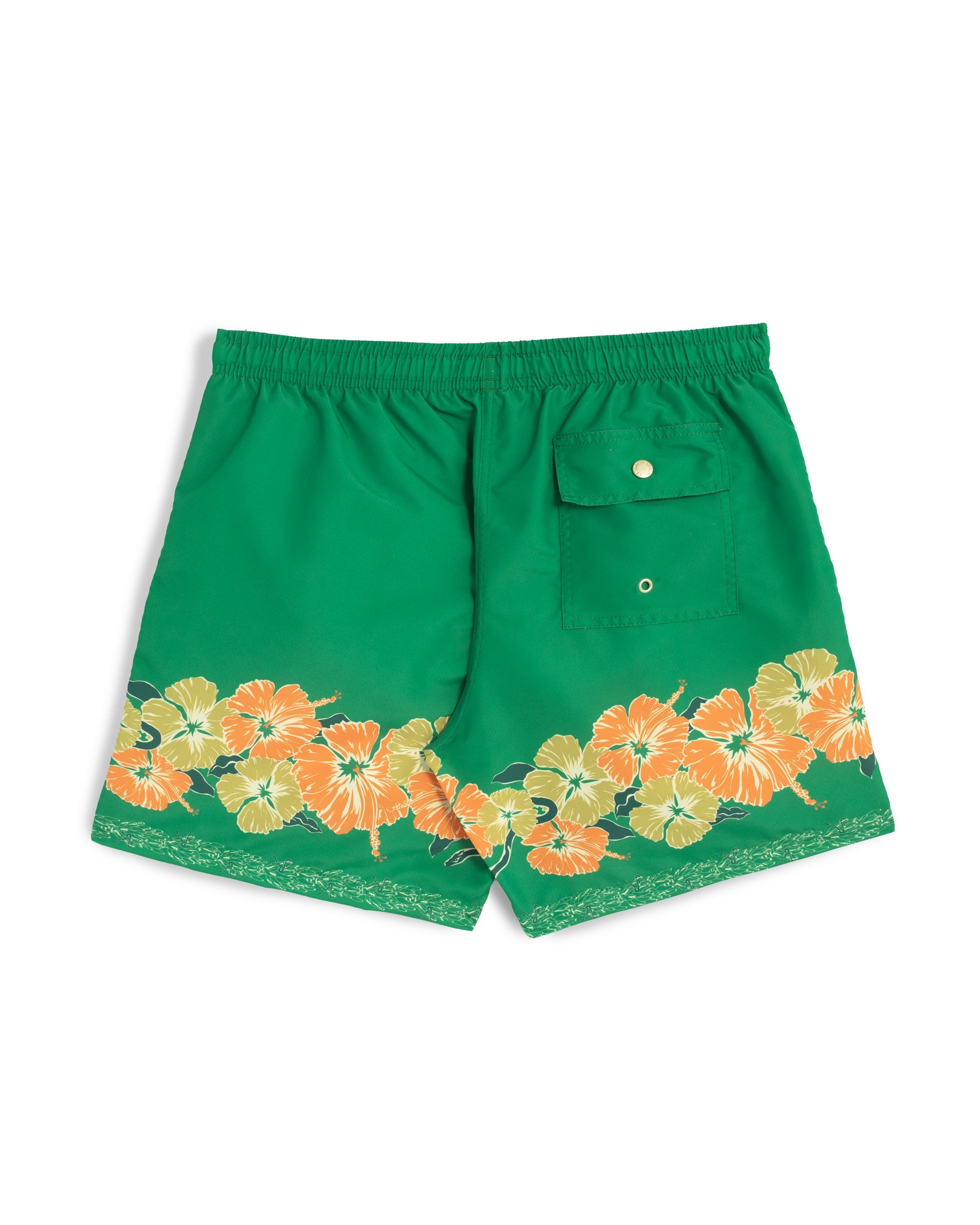 back shot of Green swim trunk with floral motif pattern on the bottom of the leg