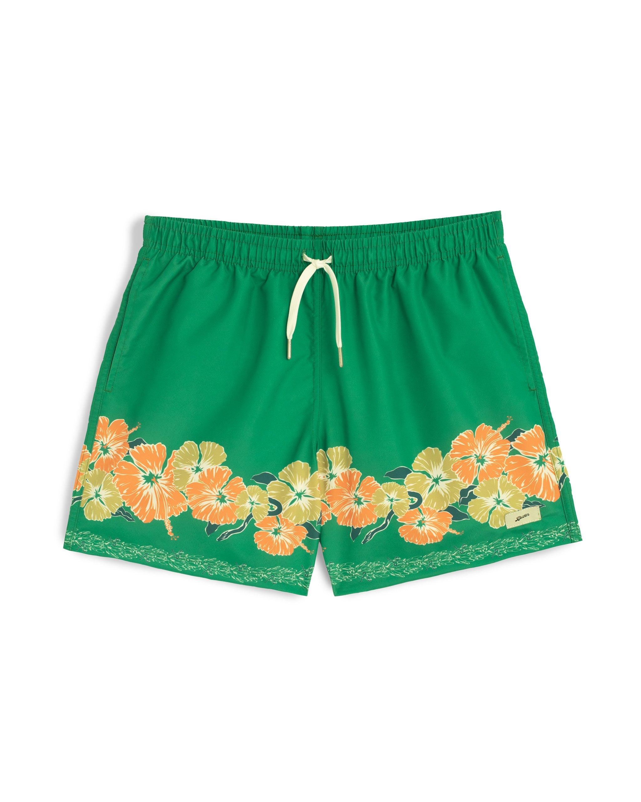 Green swim trunk with floral motif pattern on the bottom of the leg