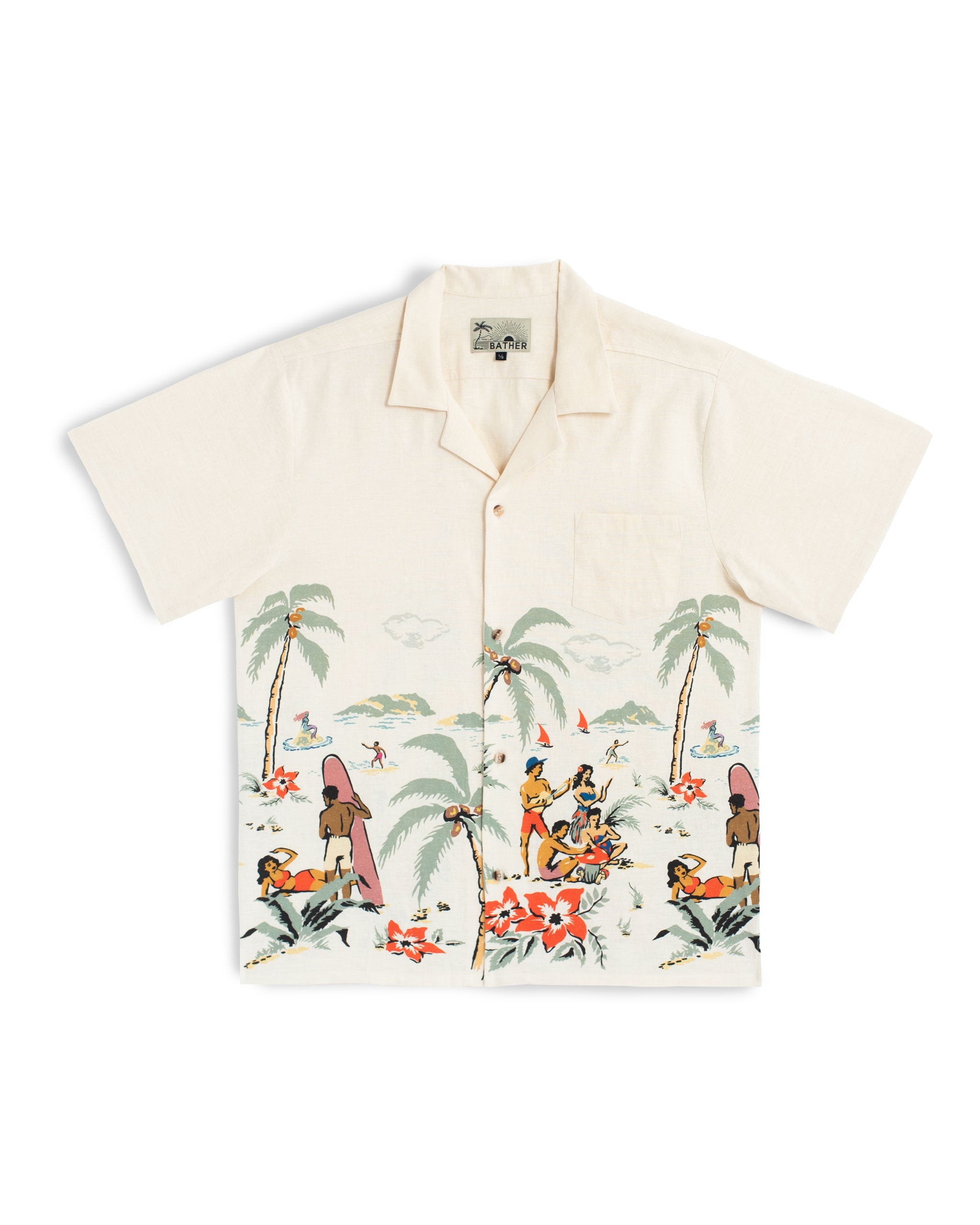 White linen camp shirt with a Hawaiian-inspired beach scene print