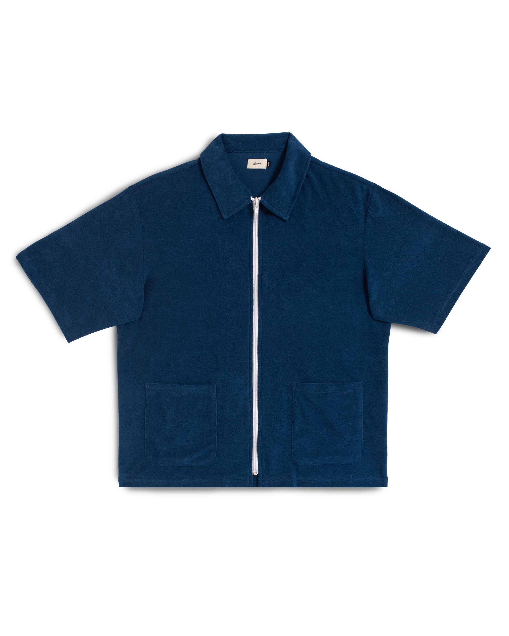 Solid Navy Towel Terry Cotton Full Zip Polo Shirt