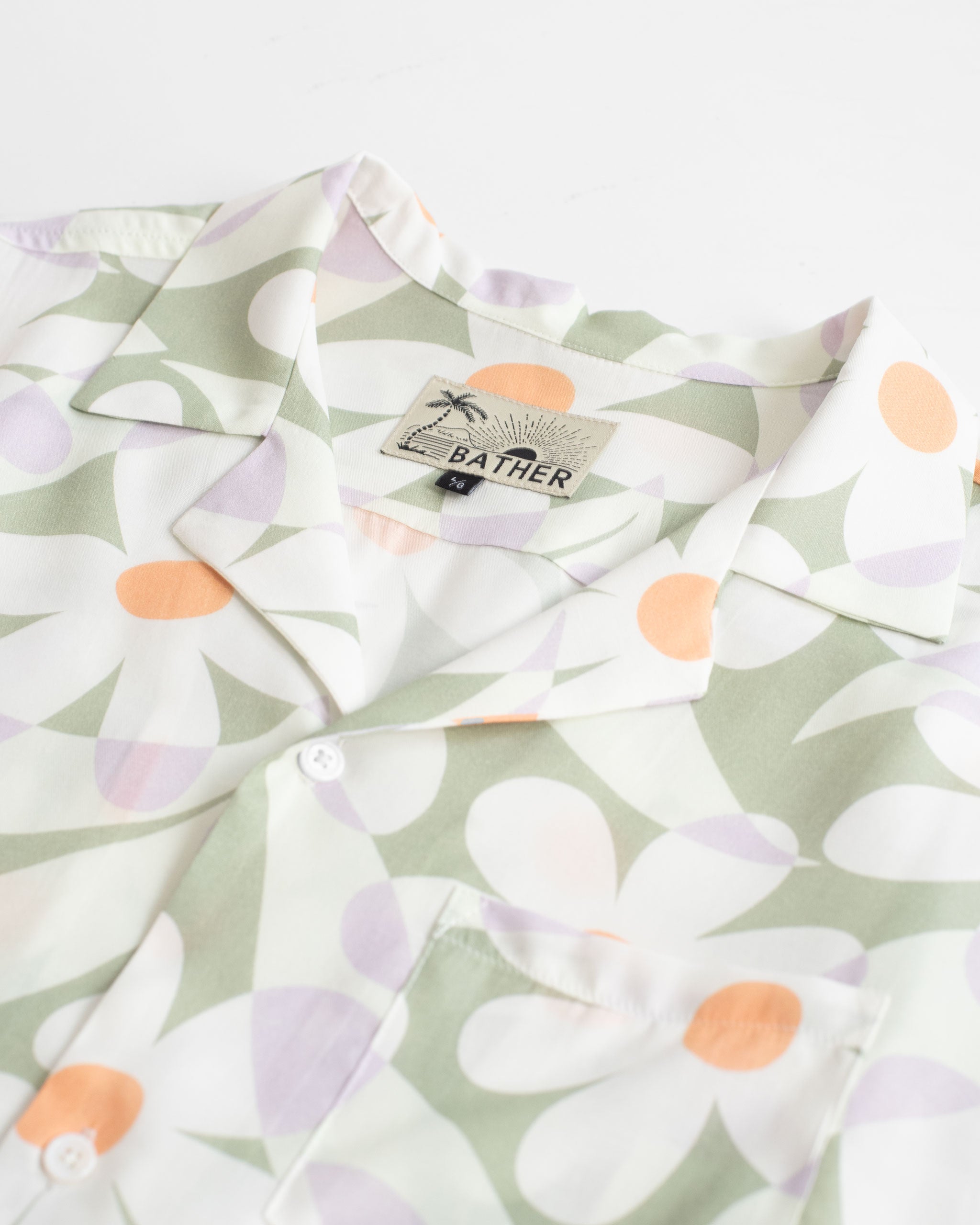 Sage Green Daisy All Over Print Camp Collar Shirt collar close up