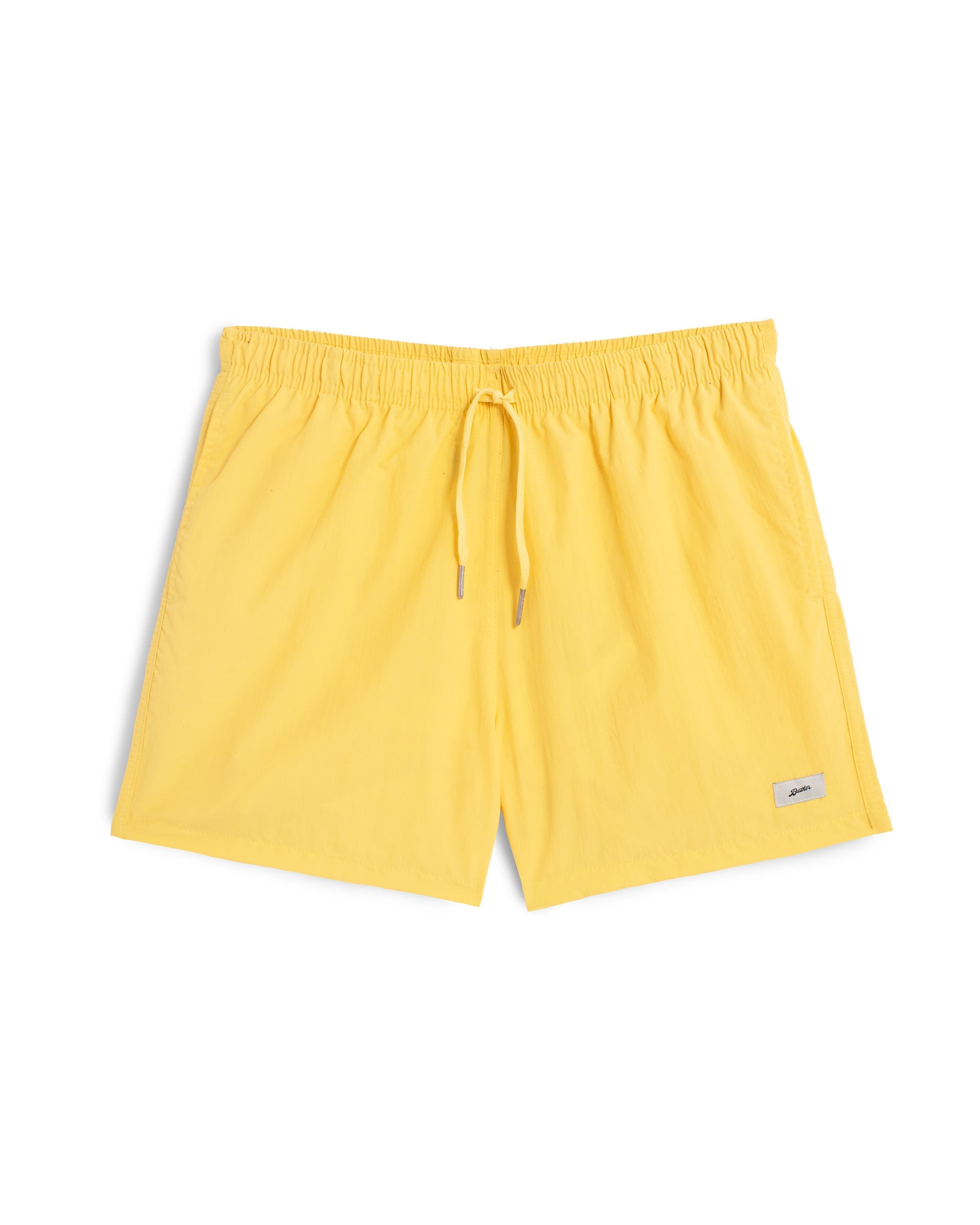 A solid yellow swim trunk in canary yellow with a matching drawstring