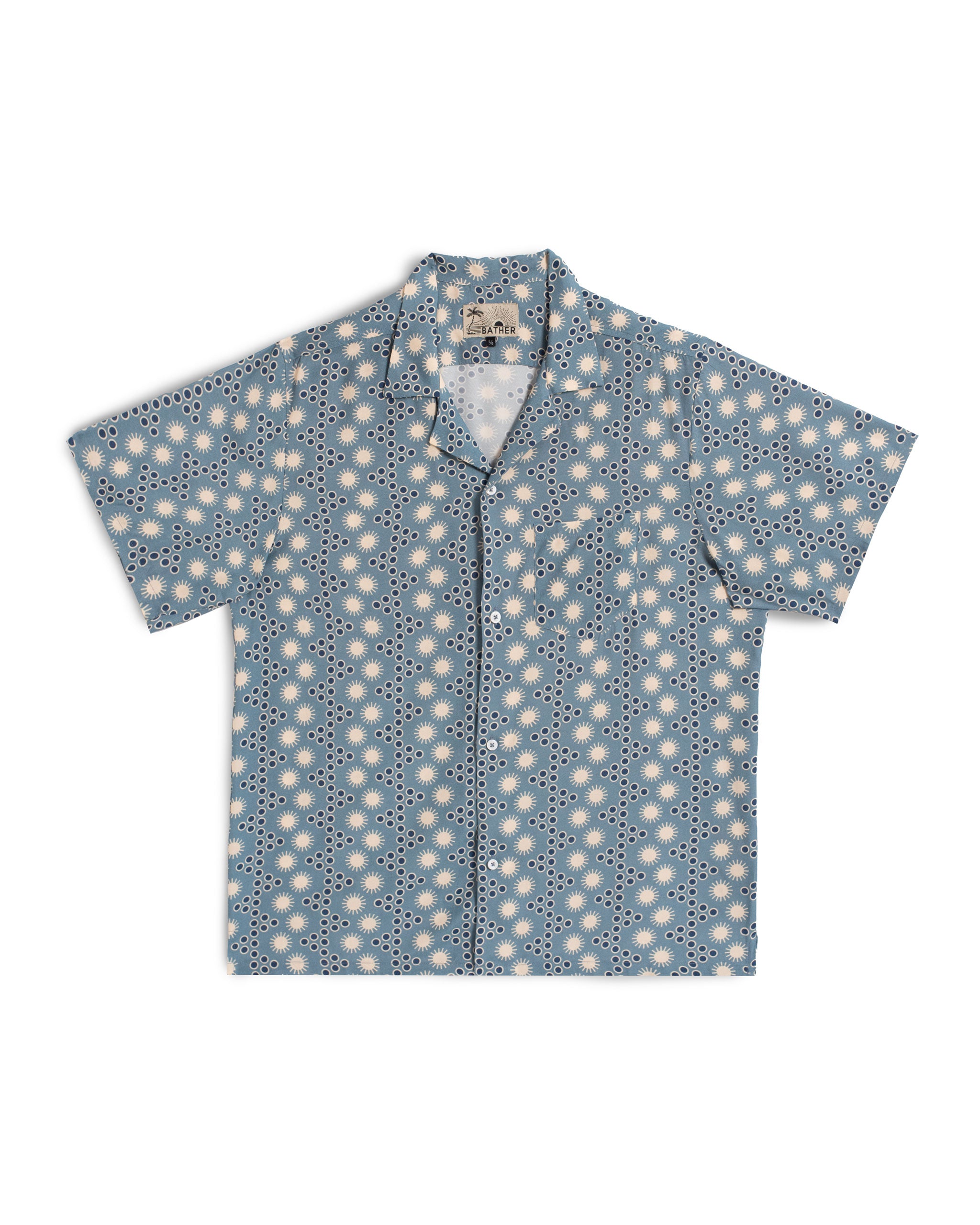 Steel blue disco sun motif all over print camp shirt