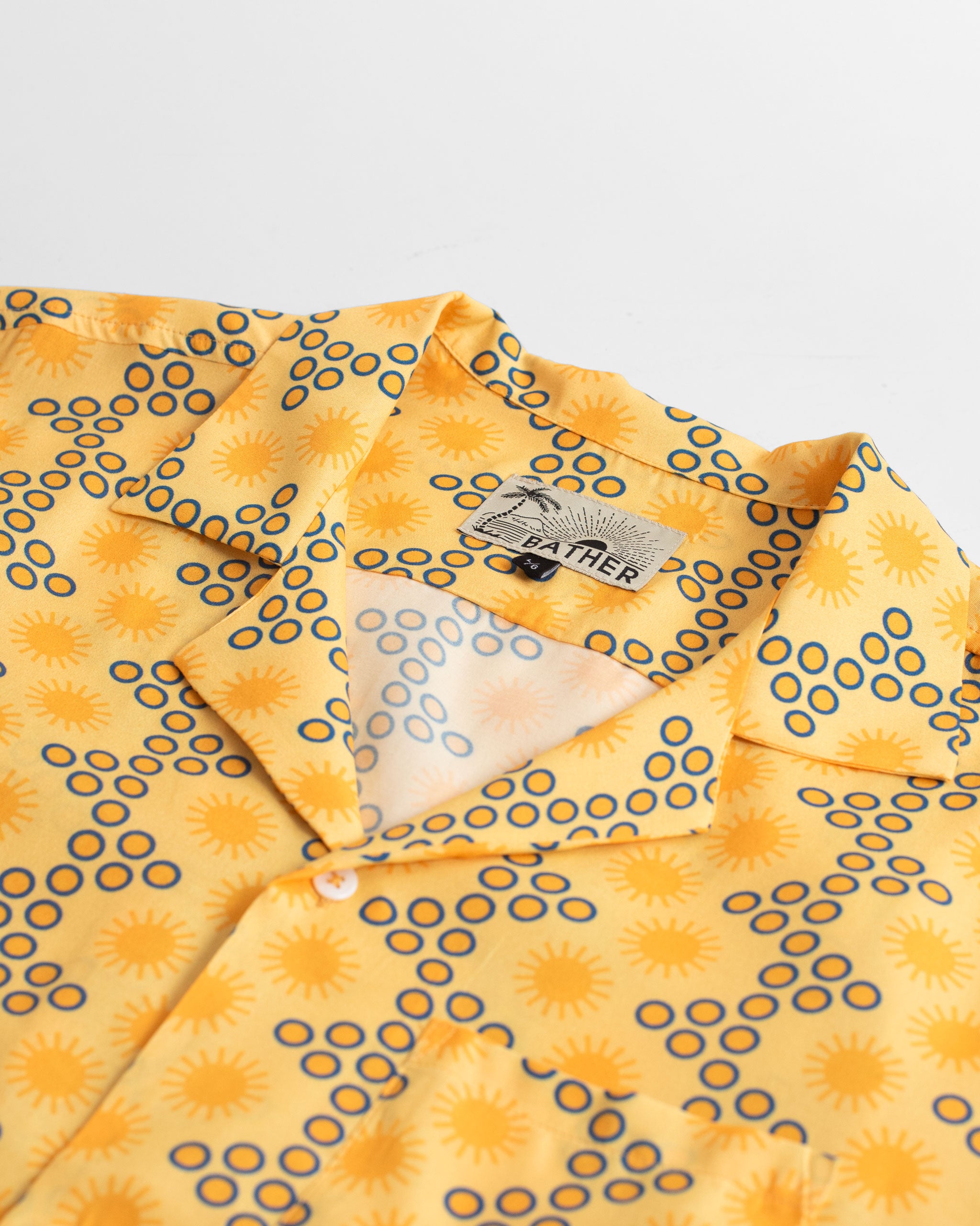 collar close up Yellow Disco Sun Graphic Rayon Camp Shirt