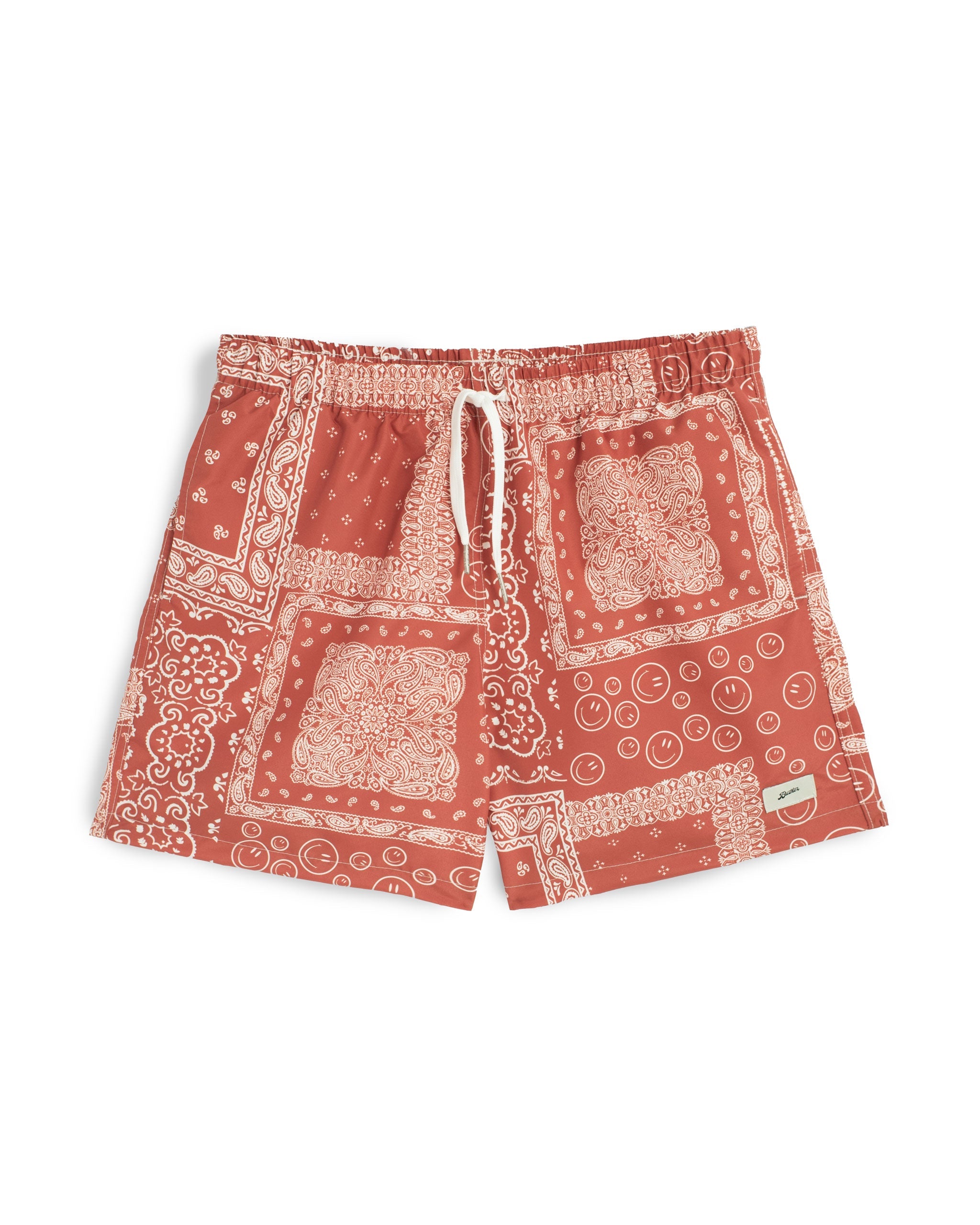 A terracotta red swim trunk with an all-over bandana print