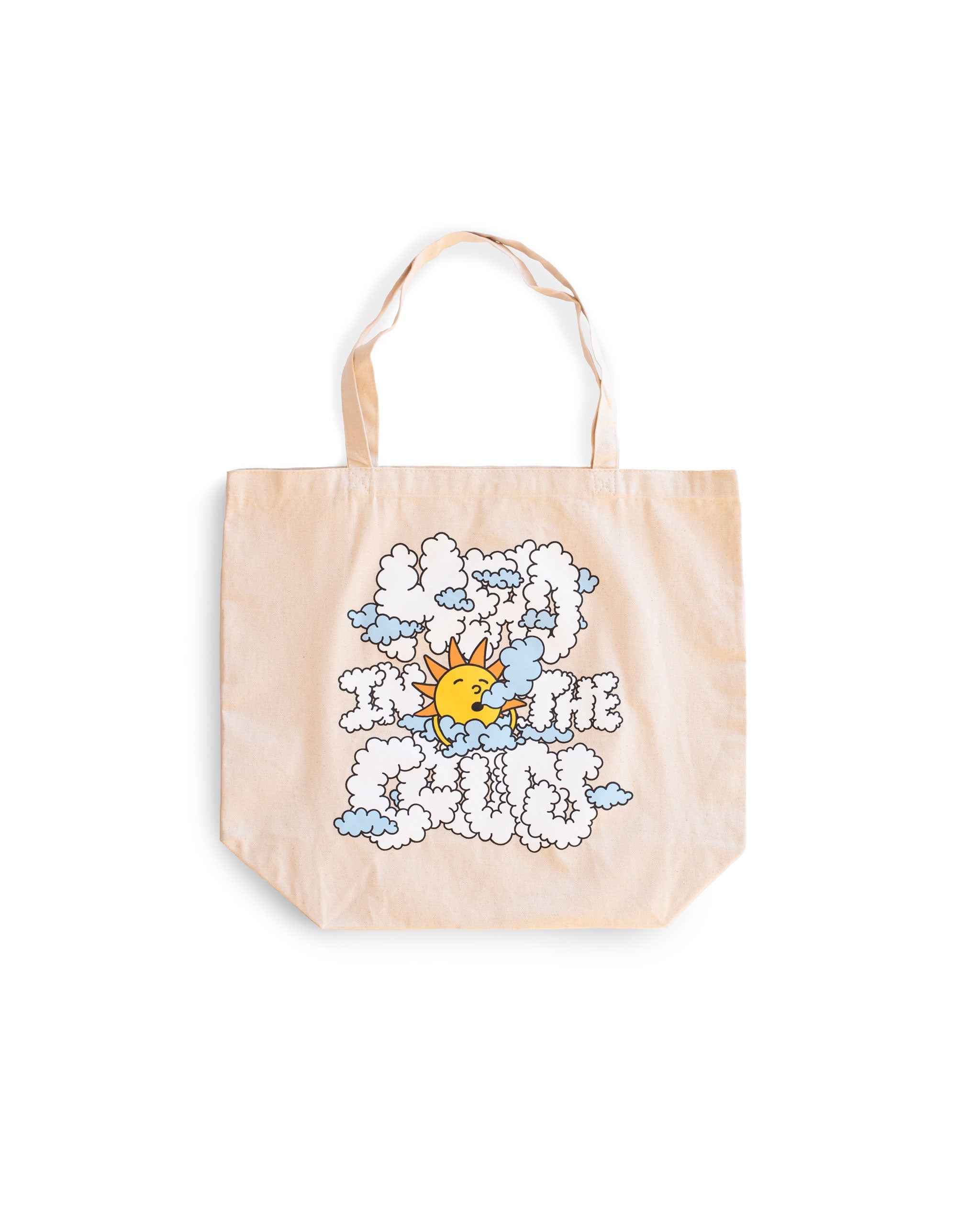 Beige Bather tote bag with sun and clouds graphic