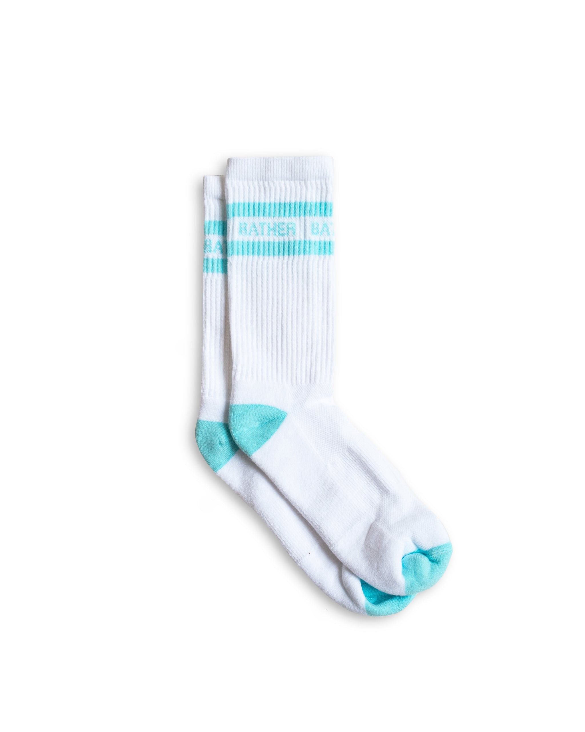 White Bather socks with blue stripes and detail 