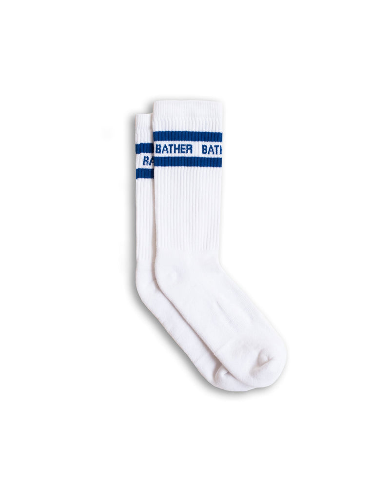 white bather socks with 2 blue stripes