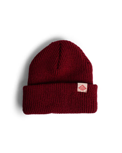 red Bather beanie with exposed brand tag
