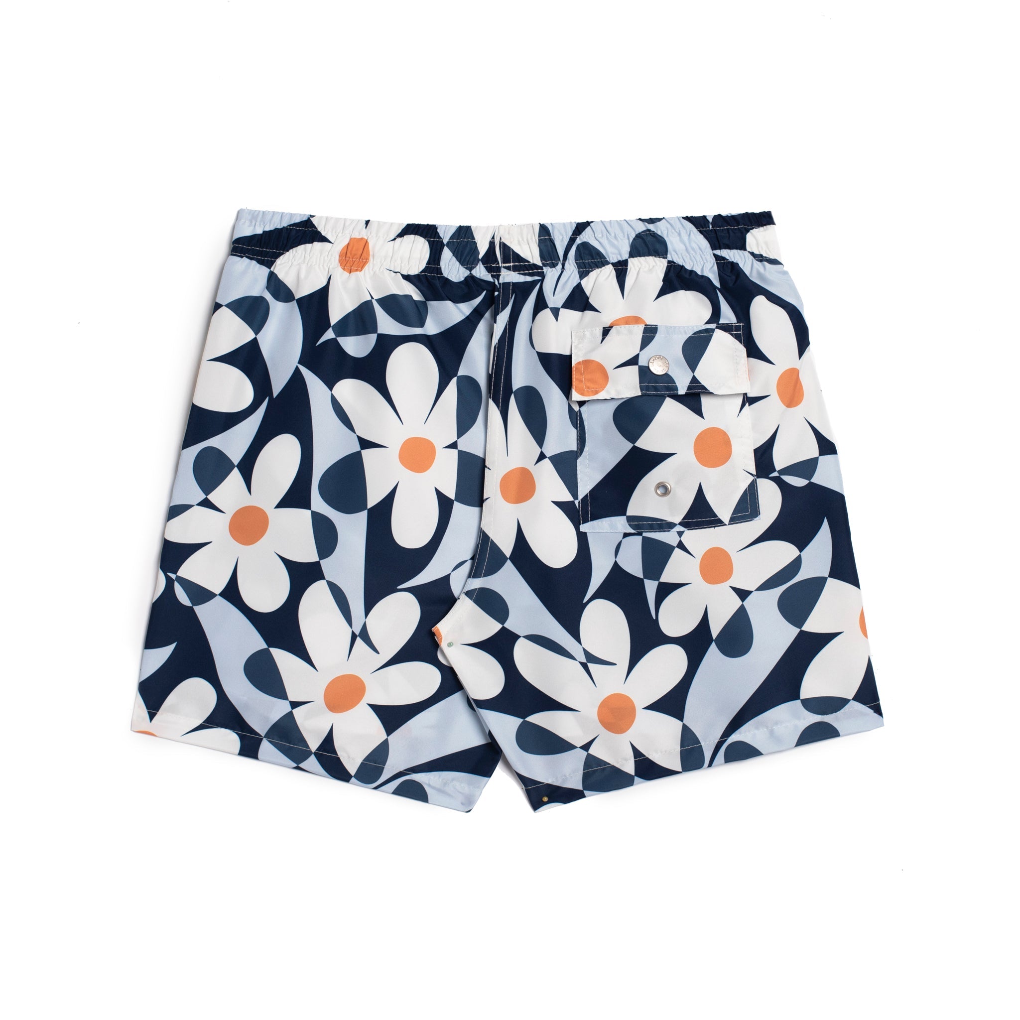 Rear view of blue Bather swim trunks with abstract daisy pattern