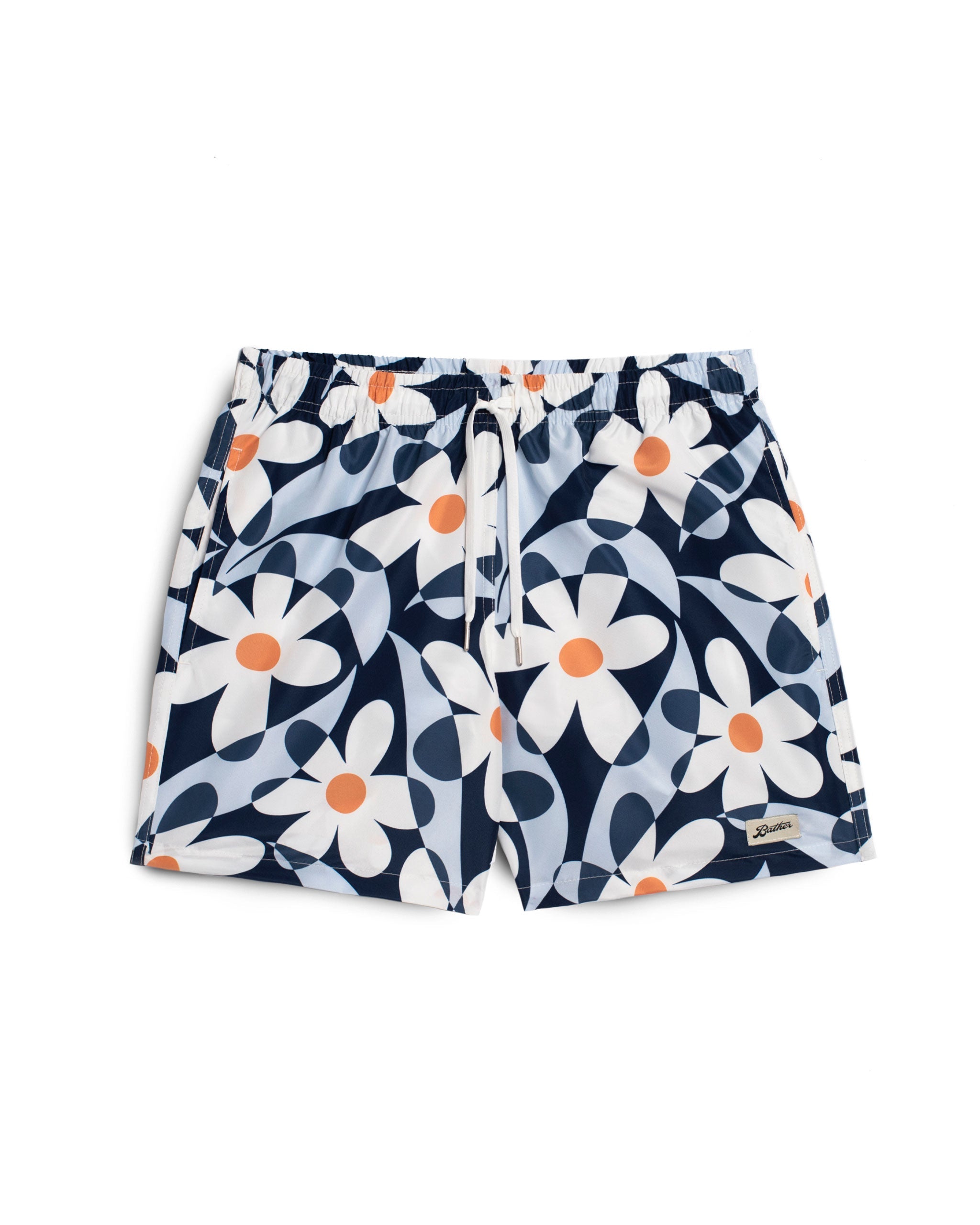 Front shot of bather swim trunks with abstract daisy pattern