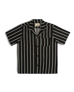 black Bather camp shirt with green and white stripes