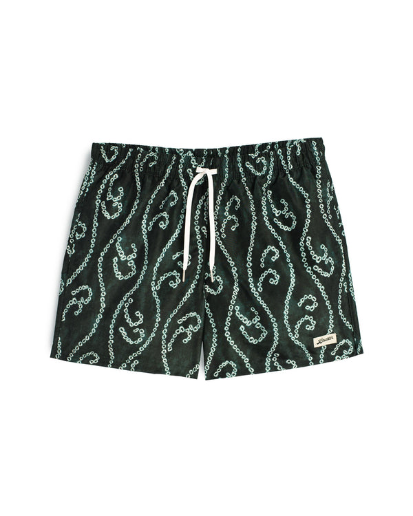 green Bather swim trunk with white shibori hook and loop pattern 