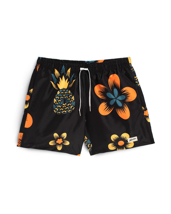 black Bather swim trunk with orange and blue pineapple and floral pattern