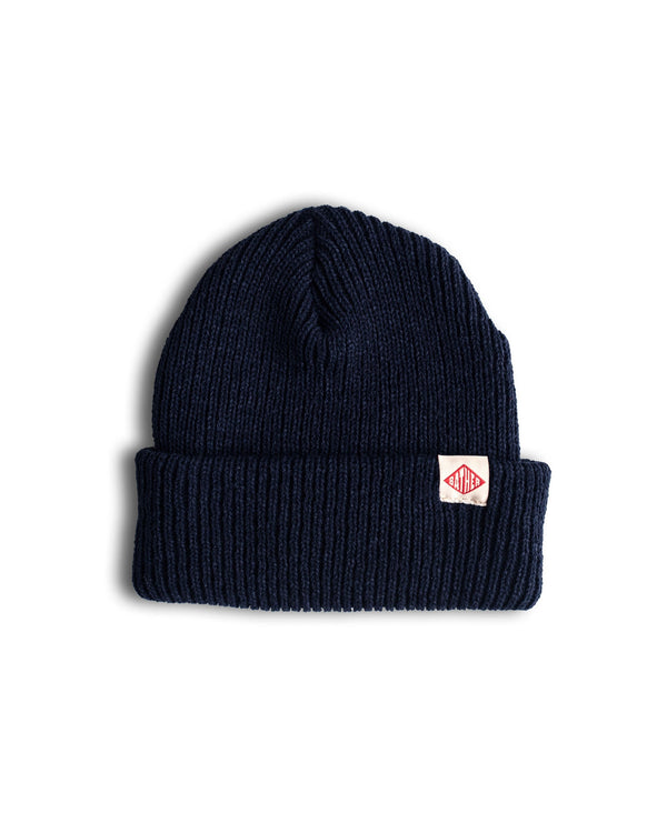 navy Bather ribbed beanie with exposed brand tag 