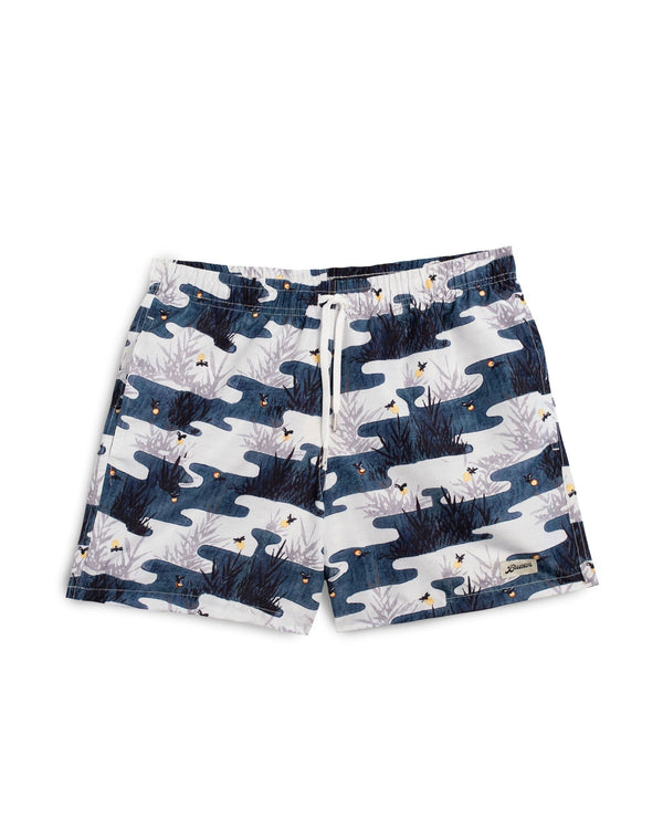 navy and white Bather swim trunk with koi pond pattern