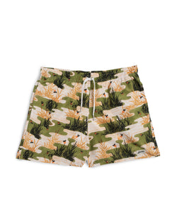 olive green and white Bather swim trunk with koi pond pattern 
