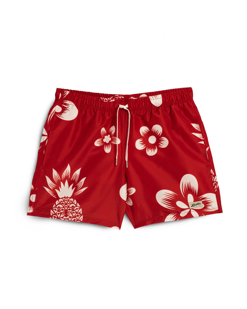 red Bather swim trunk with white pineapple and floral pattern