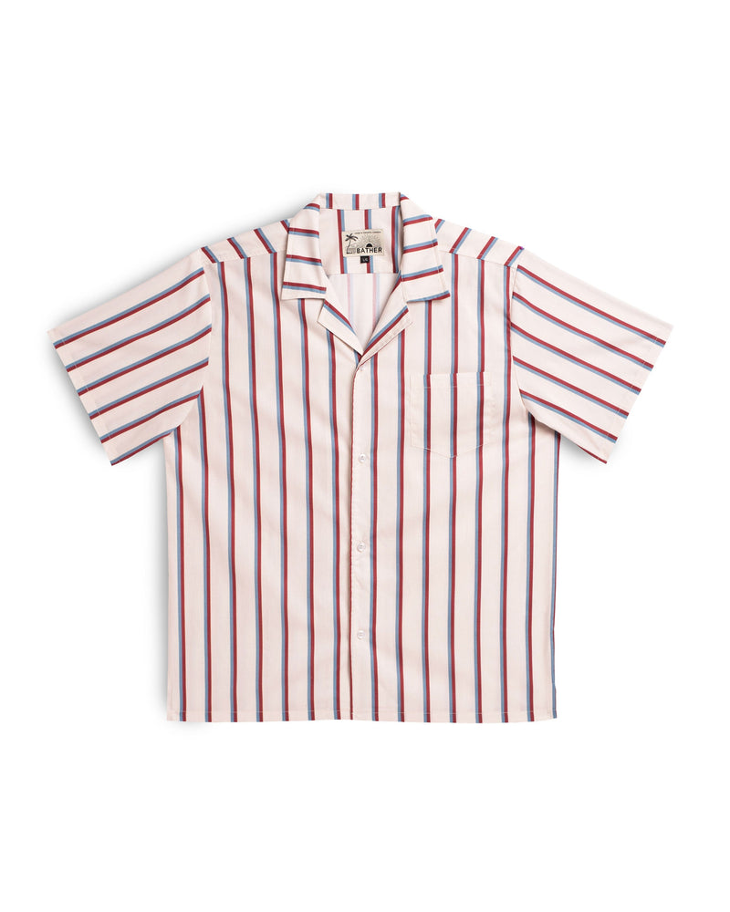 white Bather camp shirt with red and blue stripes