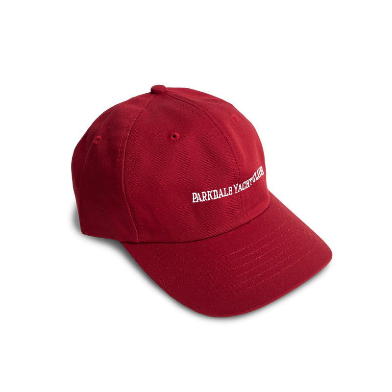 Red Bather panel cap with white embroidery that reads parkdale yacht club