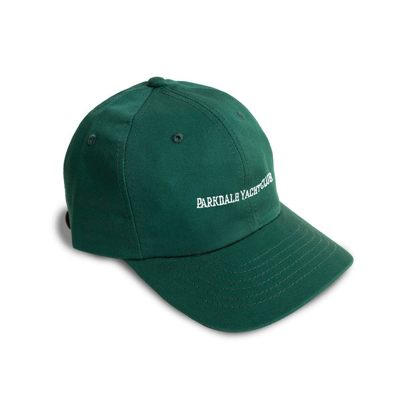 Green Bather panel cap with white embroidery that reads parkdale yacht club