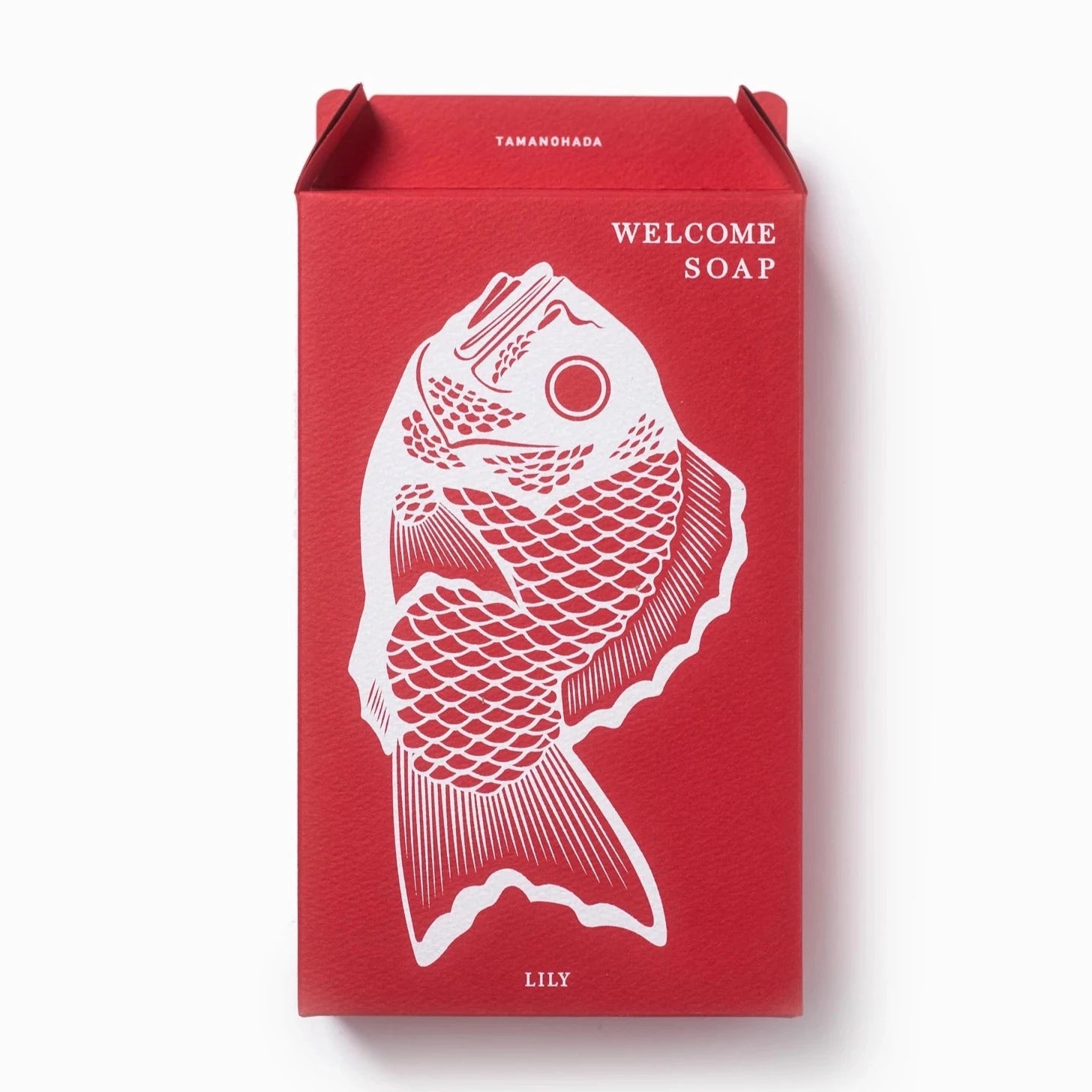 Red packaging of fish-shaped soap sold on Bather