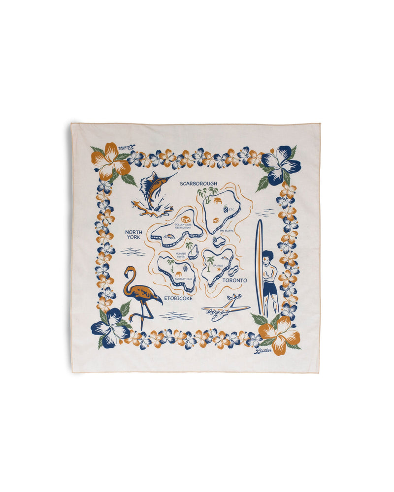 Beige Bather bandana with a map of toronto graphic with tropical floral border