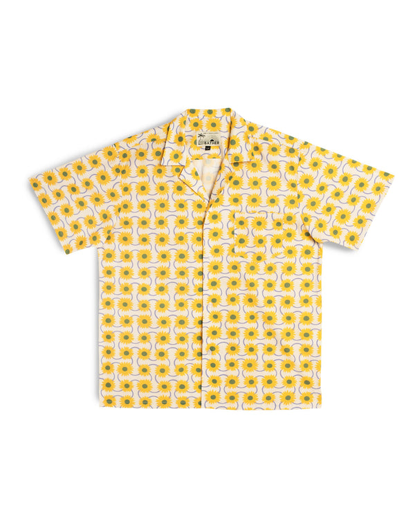 white bather camp shirt with yellow sunflower pattern 